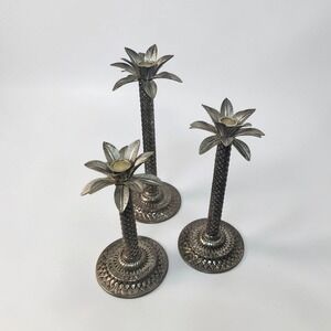 Set of 3 Bronzed Brass Pineapple Palm Tree Taper Candle Holders